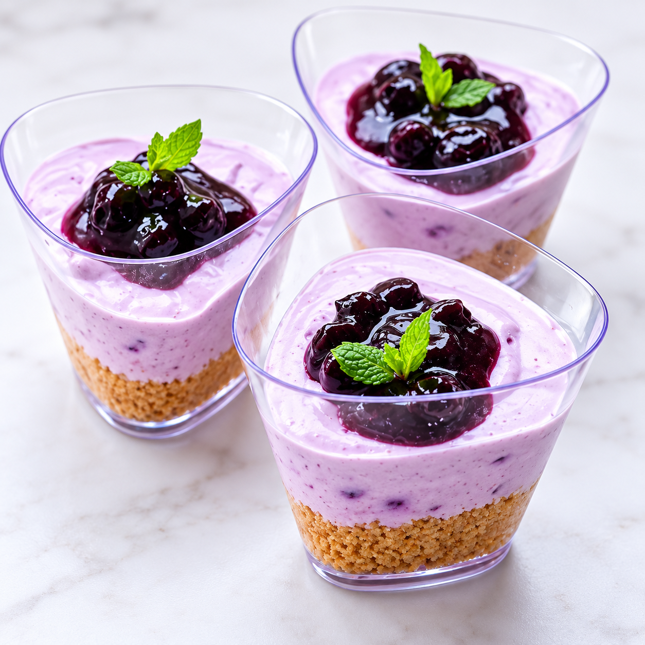 Blueberry cheesecake cups topped with compote and mint