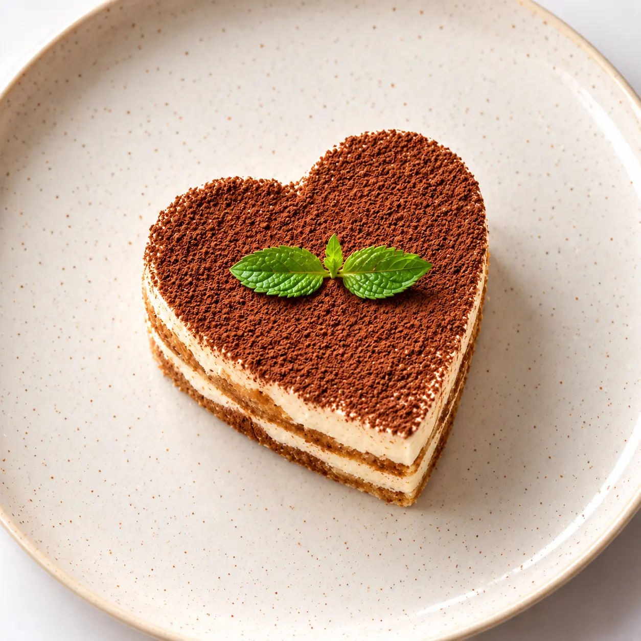 Heart-shaped tiramisu dusted with cocoa and topped with mint
