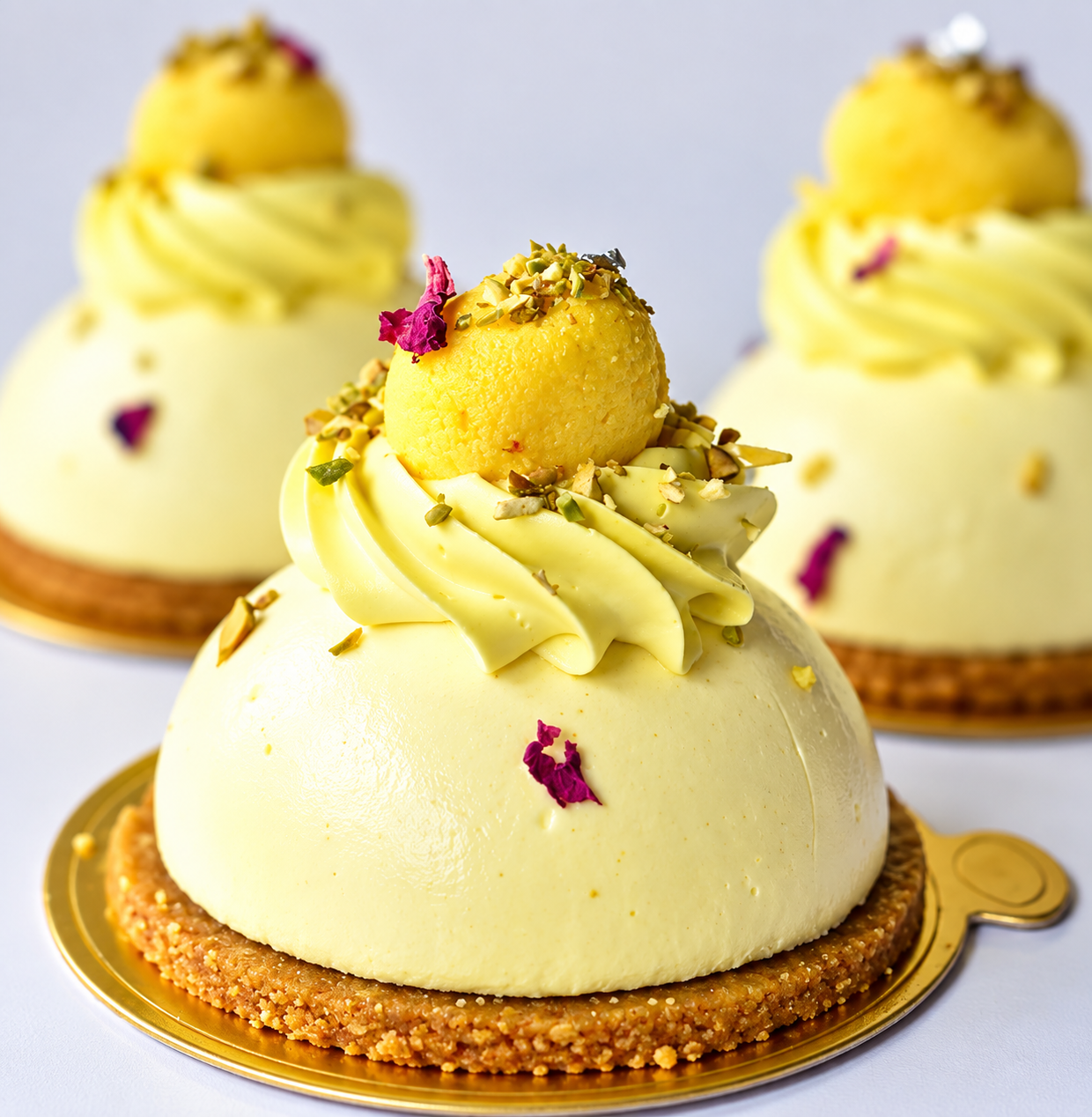 Rasmalai cheesecake domes with pistachio and rose petals