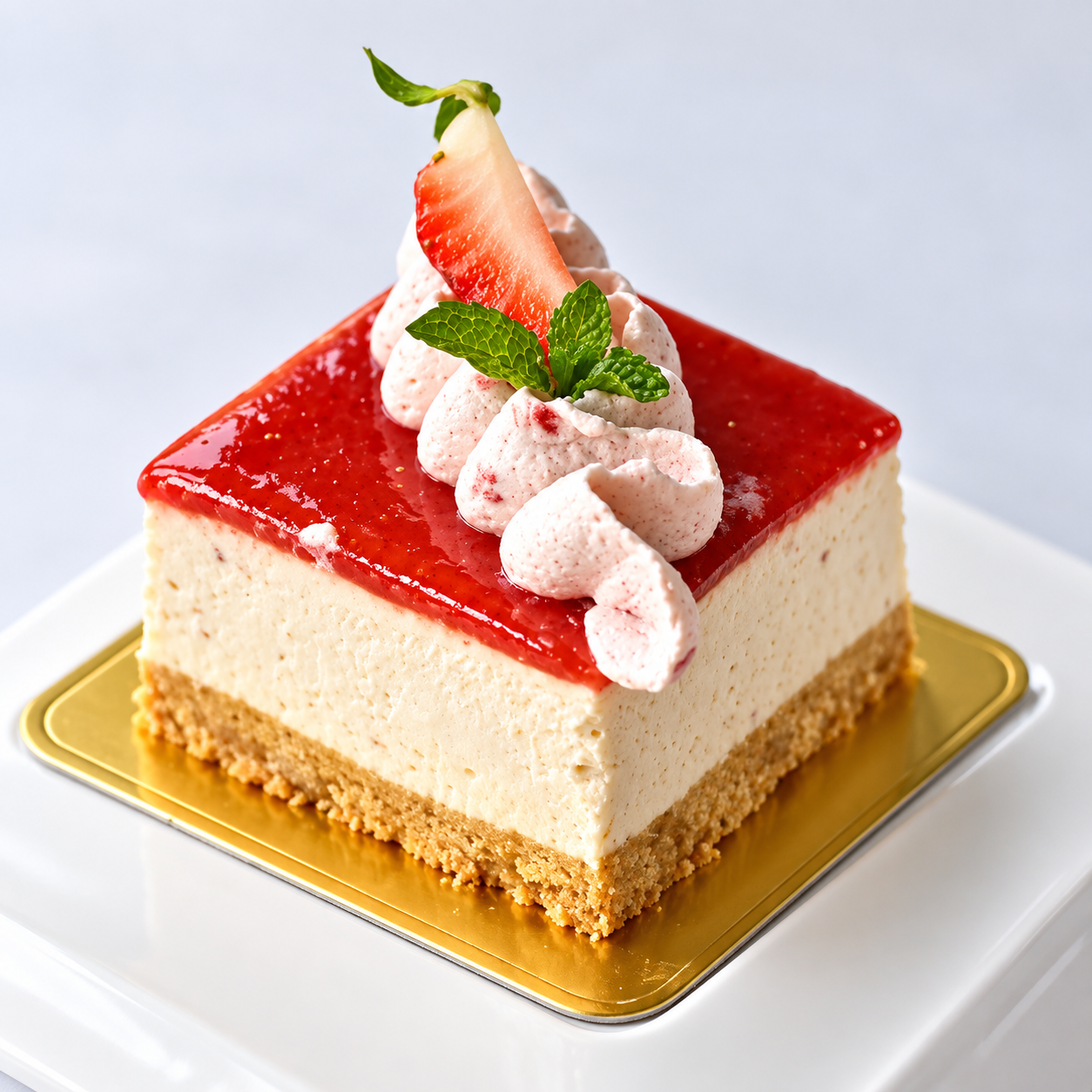 Square strawberry cheesecake with glaze and cream
