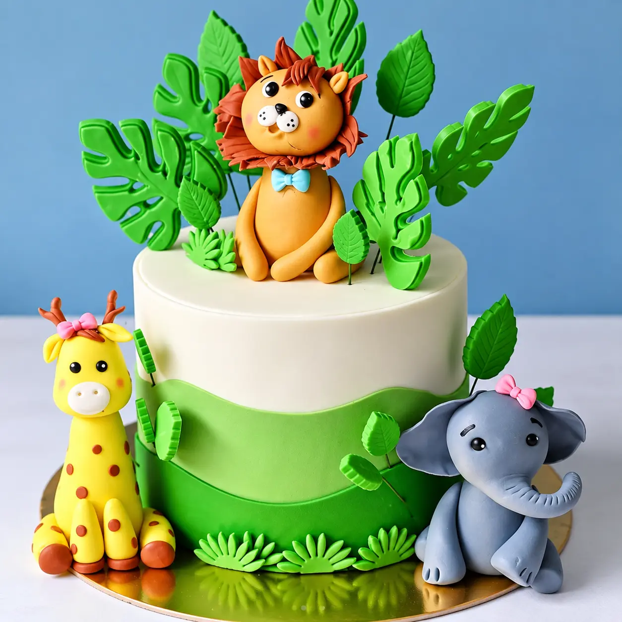 Jungle theme fondant cake with lion, giraffe and elephant figures
