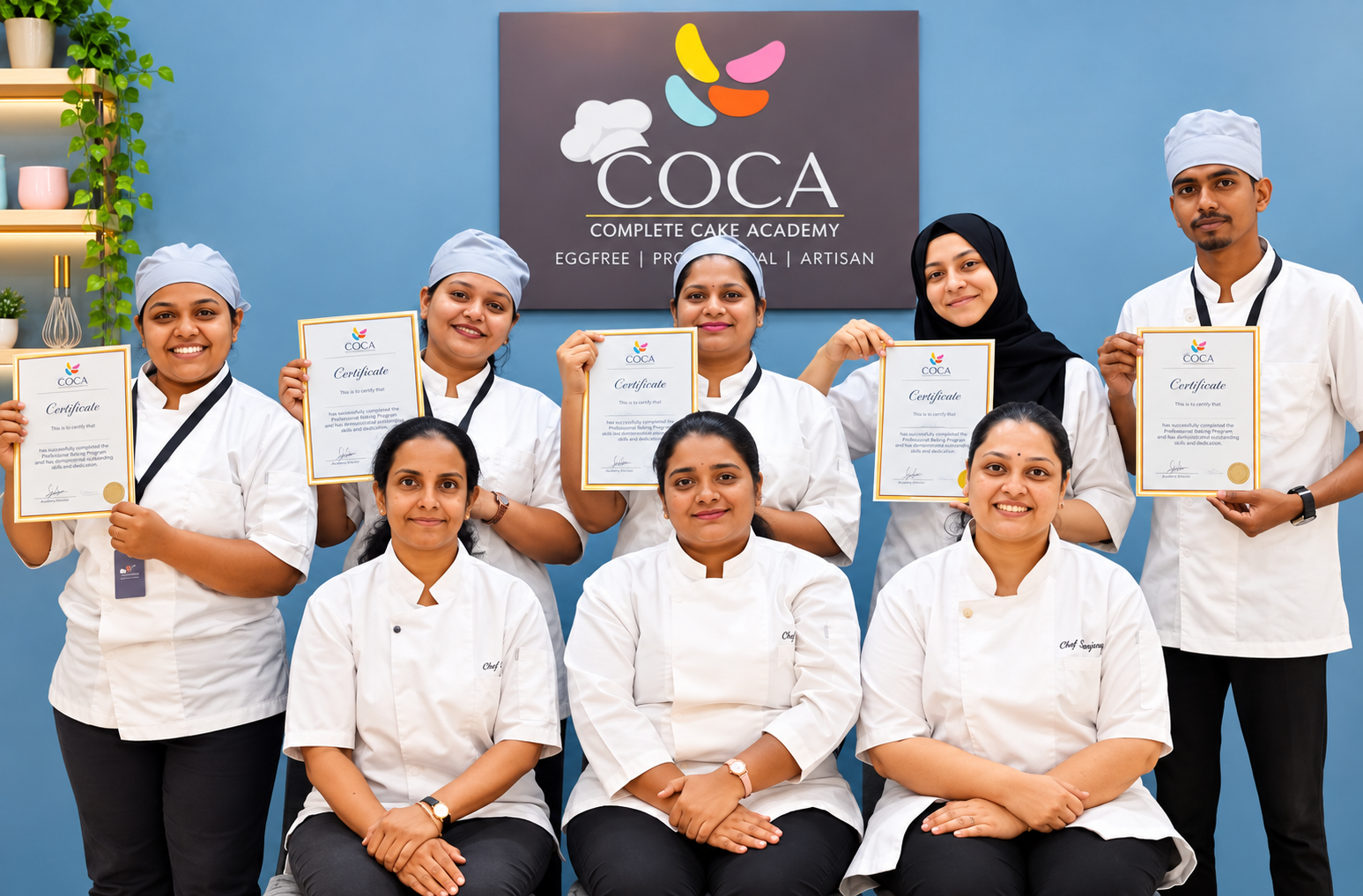 Chef Chaitali Deshmukh with COCA Academy aspiring bakers holding their course certificates