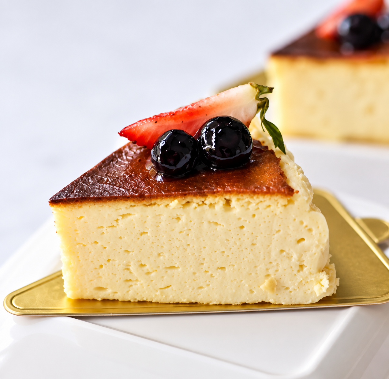 Slice of New York baked cheesecake with berries
