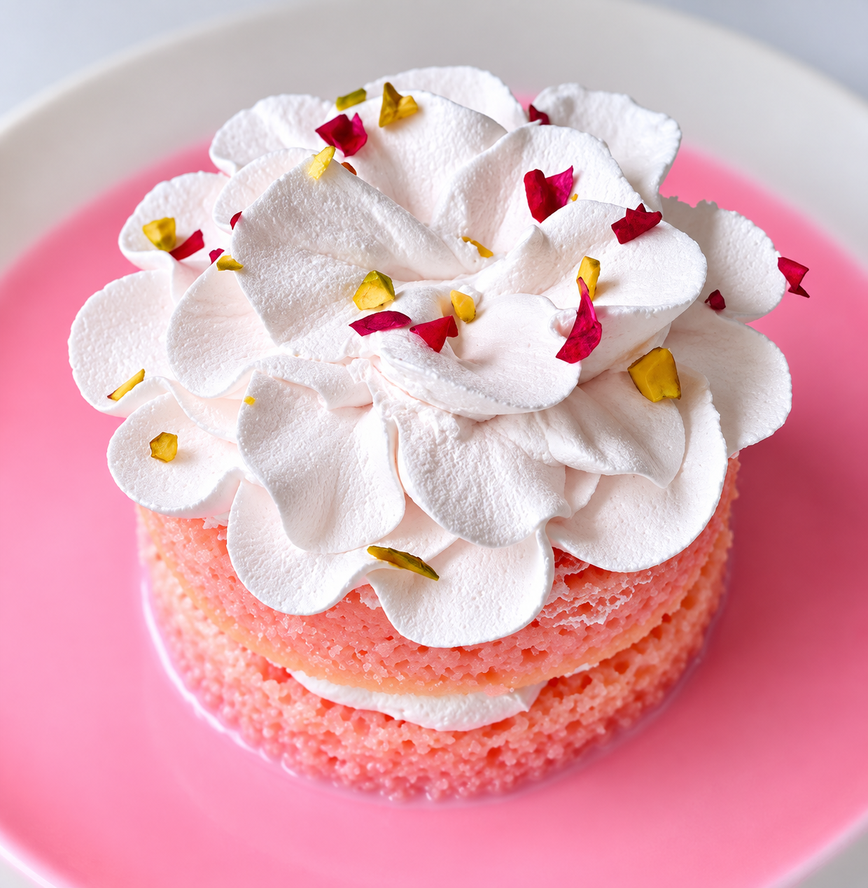 Rose tres leches cake with petal piping and pistachio