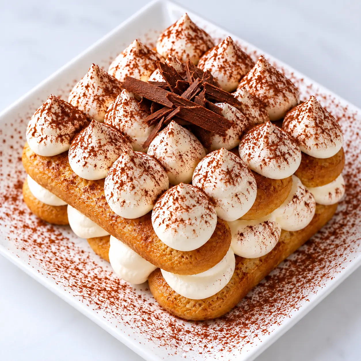 Tiramisu with piped cream, cocoa dusting and chocolate curls