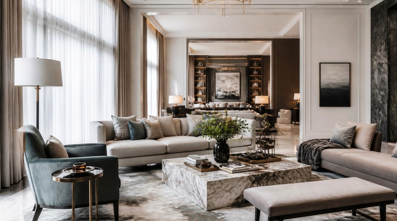 Luxury living room with layered neutral upholstery and soft daylight, designed by Vinayakk Interior