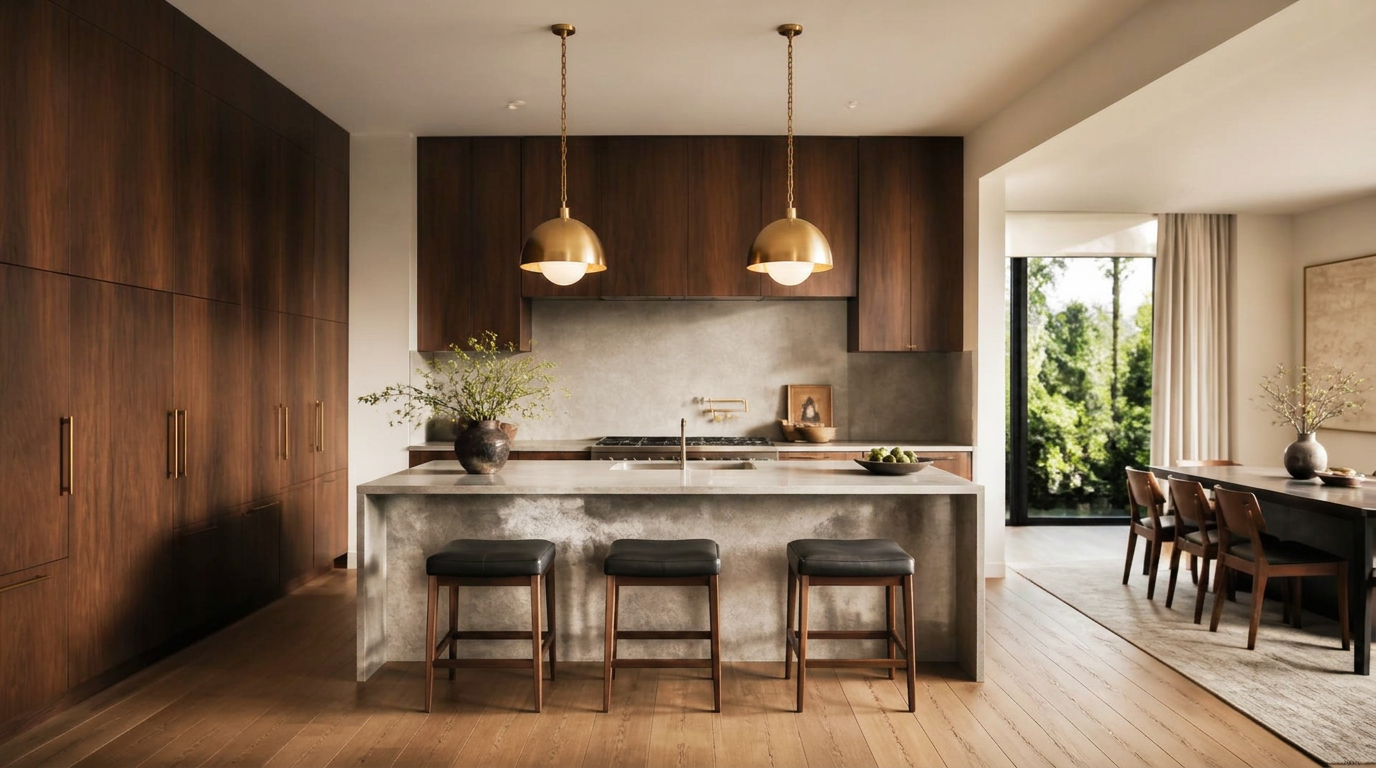 Contemporary kitchen and dining space with walnut cabinetry and stone island