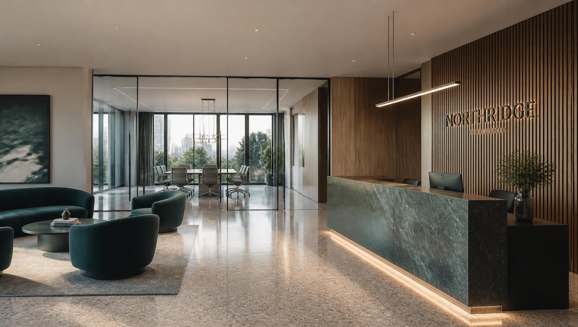 Corporate office reception with glass partitions and deep teal seating