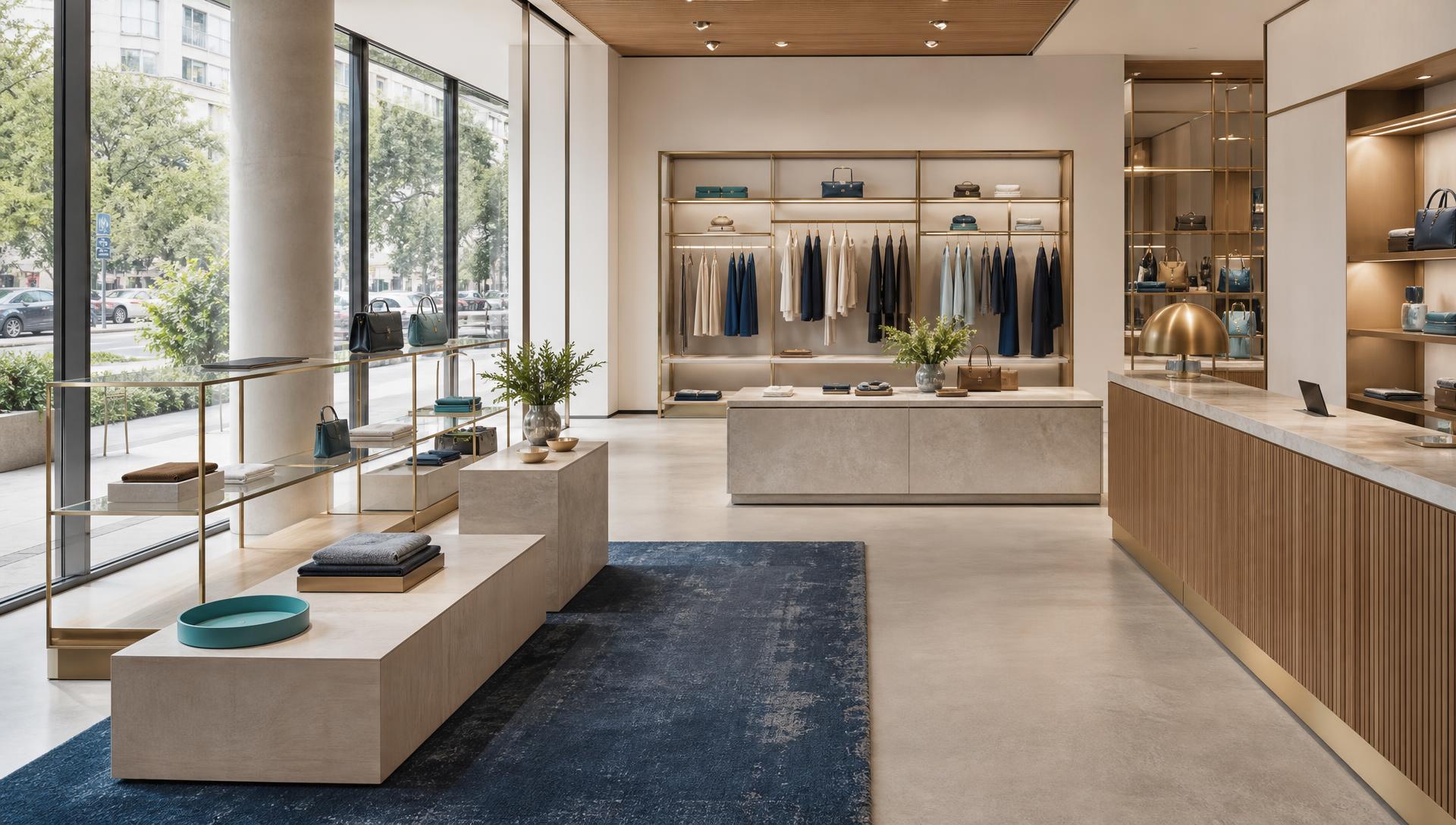 Elegant retail store interior bathed in bright daylight with minimalist brass fixtures and curated displays